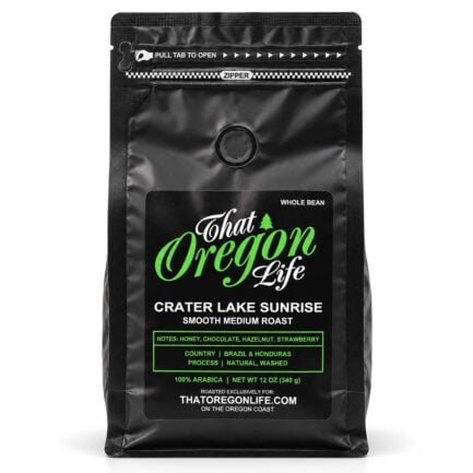 Black 12 oz bag of That Oregon Life Crater Lake Sunrise coffee