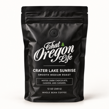 Crater Lake Sunrise medium roast whole bean coffee in a 12 oz black That Oregon Life bag