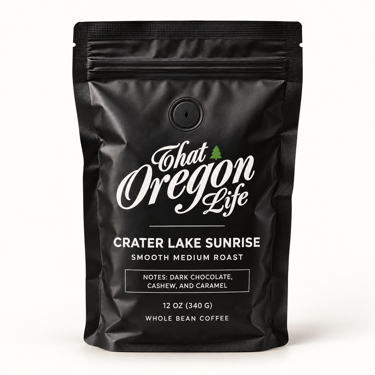 Crater Lake Sunrise medium roast whole bean coffee in a 12 oz black That Oregon Life bag