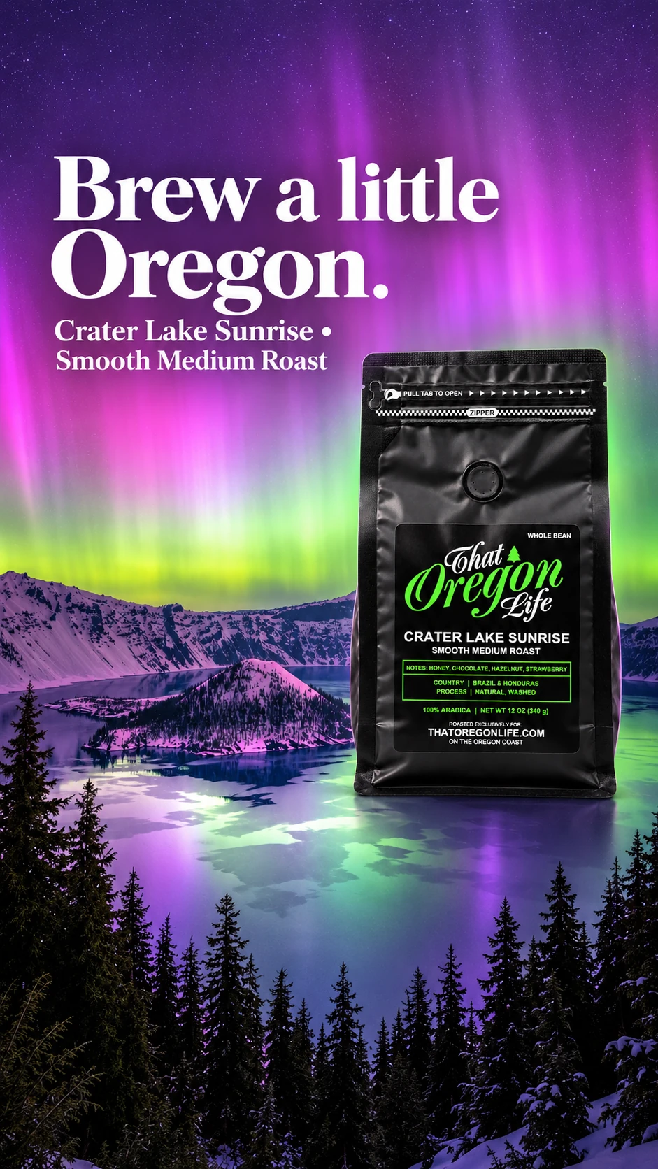 Brew a little Oregon artwork with Crater Lake Sunrise coffee and a stylized aurora above Crater Lake