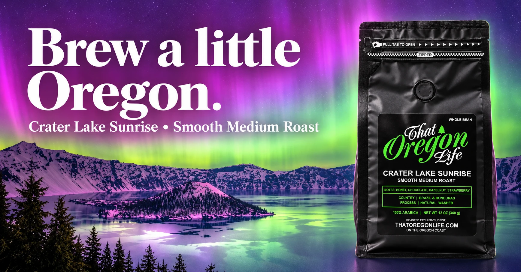 Brew a little Oregon: Crater Lake Sunrise smooth medium roast coffee beside a stylized purple and green aurora over Crater Lake