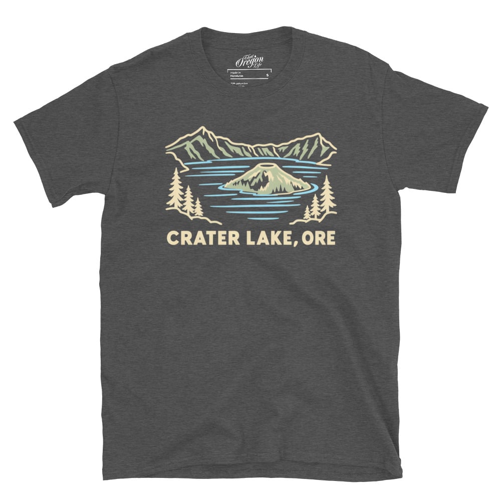 Dark Heather Grey Crater Lake Oregon tee with pale line art of Wizard Island, mountains, evergreen trees, and CRATER LAKE, ORE lettering.